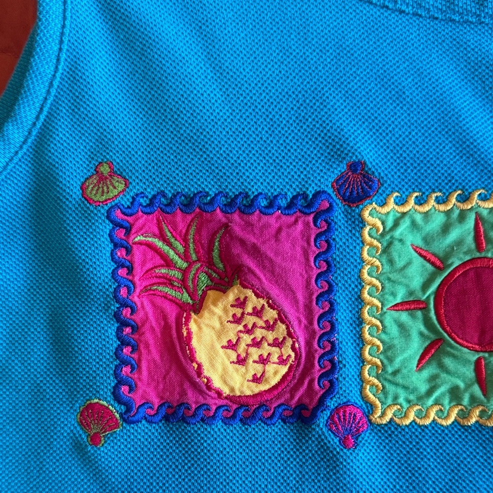 Karen Scott Bright Turquoise Tank with Colorful Fruit Embroidery - Picture 3 of 7